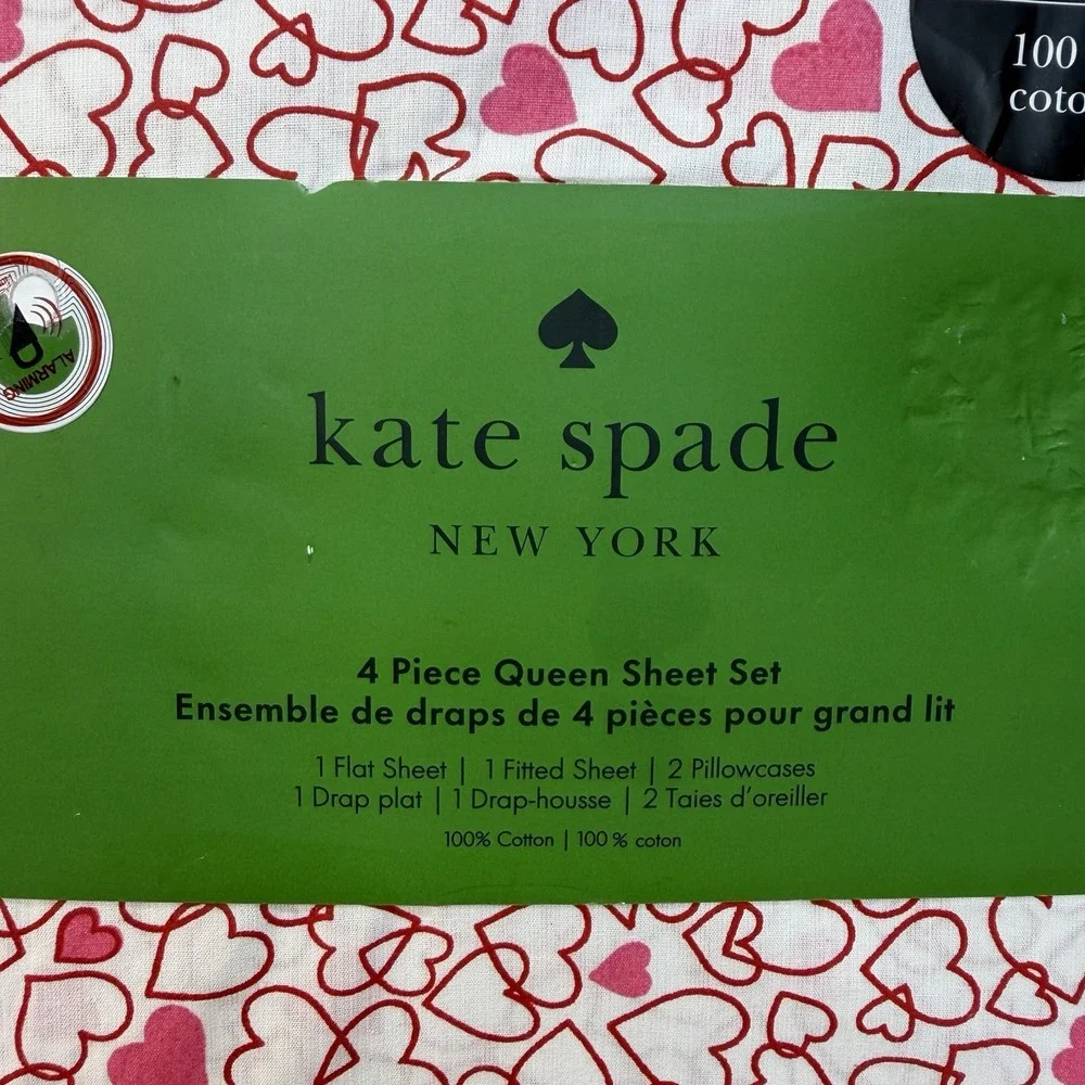 Kate Spade New York 4 Piece Queen Sheet Set Heart Print 100% Cotton NWT